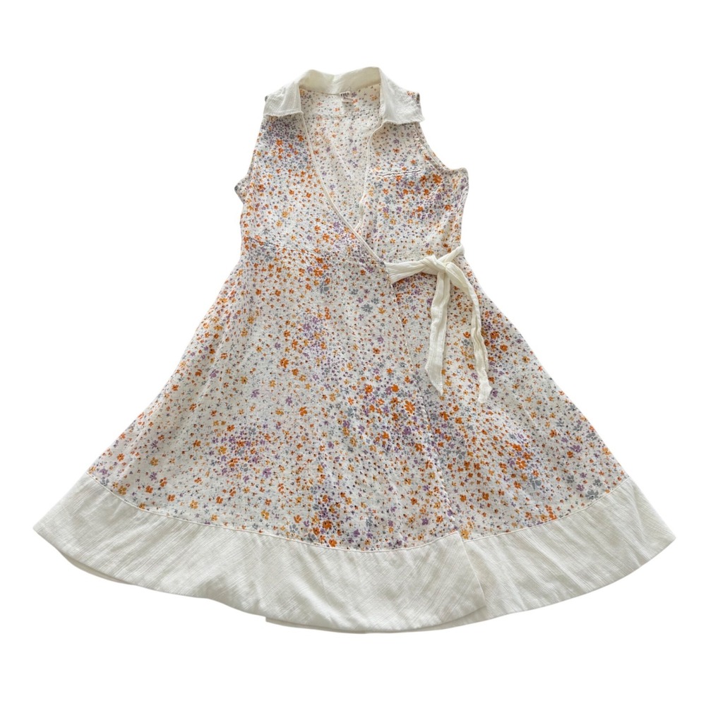 Free People Wrap Dress Women Size 4 White Floral Linen Blend Sleeveless Mini